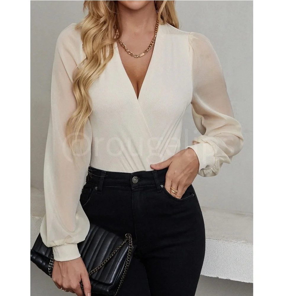 Beige Elegant V neck Bodysuit Surplice Decolleté V-Neck Long Bishop Sheer Sleeve - Picture 4 of 8